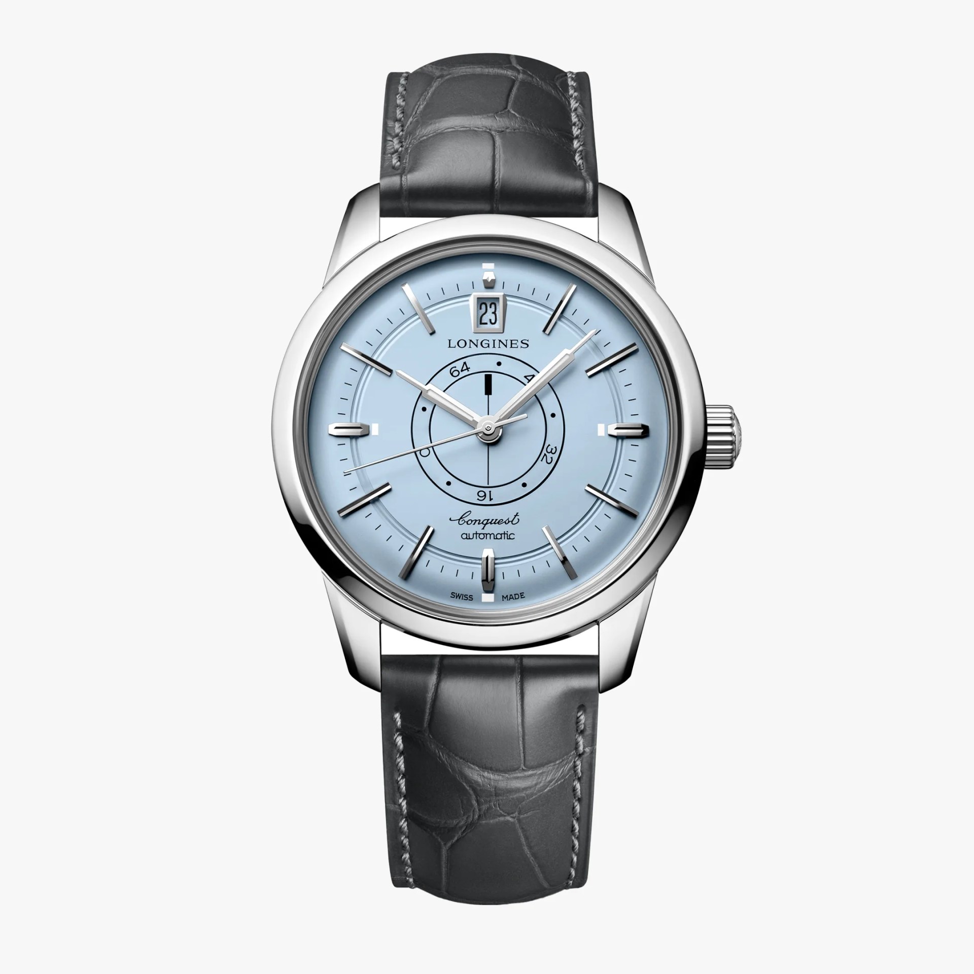 Silver Longines Conquest automatic watch with light blue dial and black leather strap.