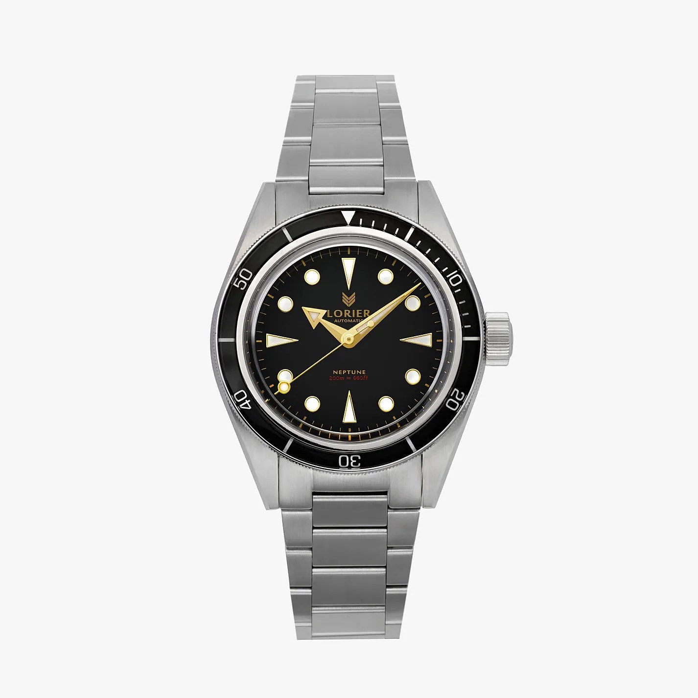 Stainless steel wristwatch with black dial, gold-tone hands and markers, and black bezel.