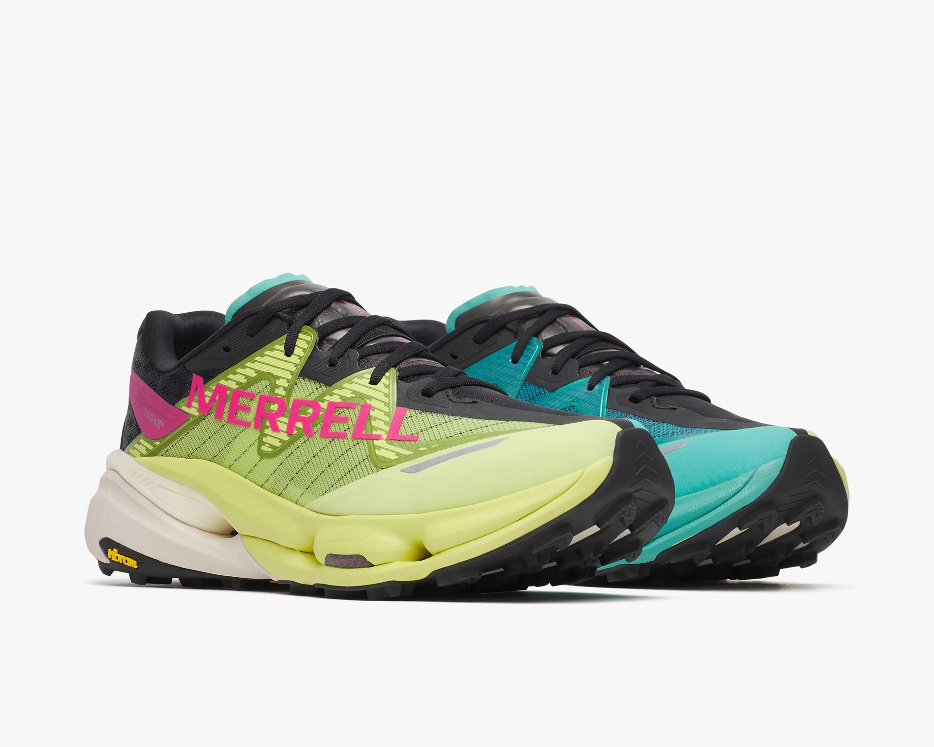 Pair of trail running shoes with one in lime green and pink and the other in teal and black with Vibram soles.