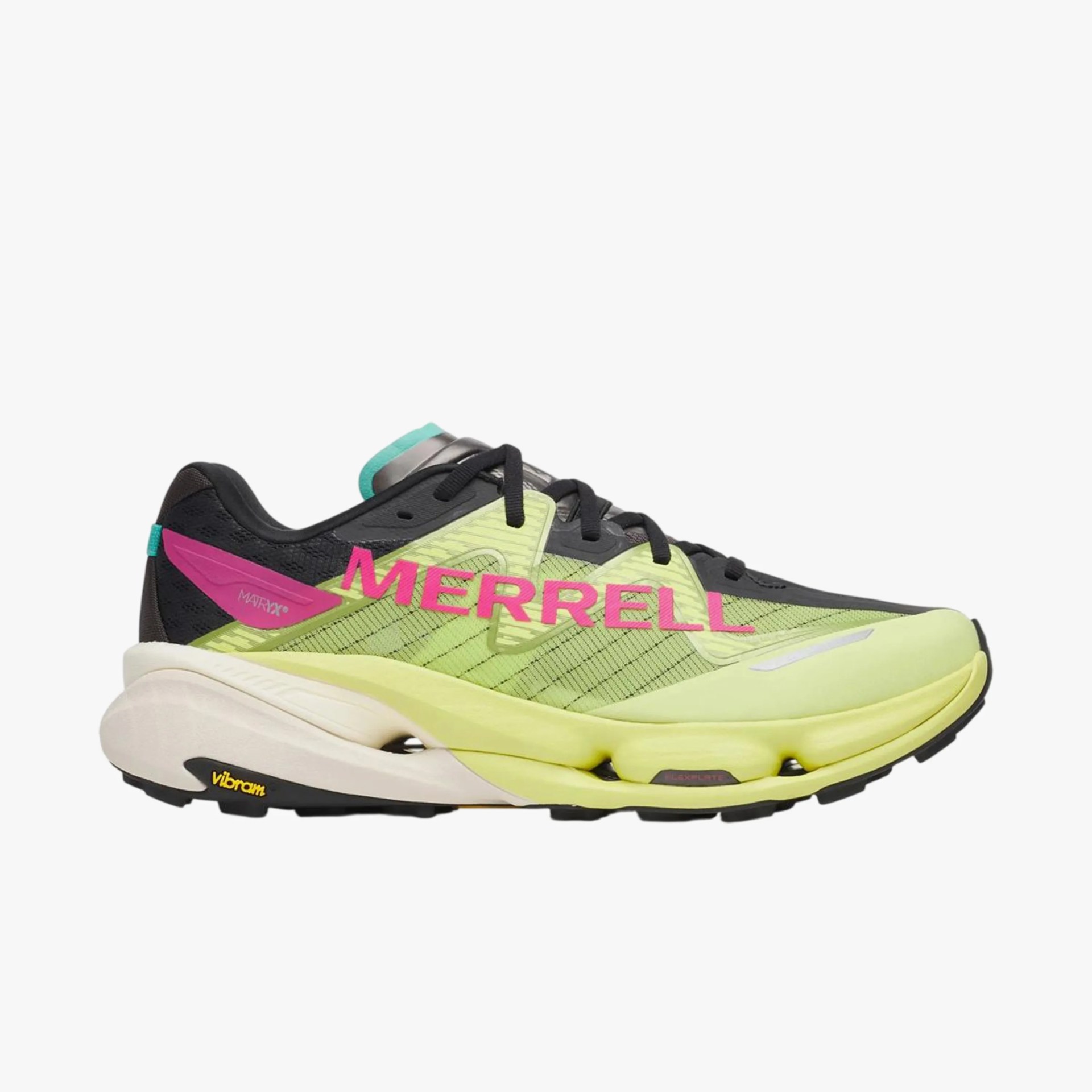 Light green and black Merrell running shoe with pink logo and Vibram sole.