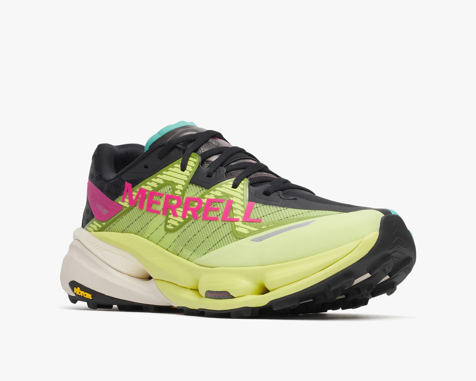 Yellow and black Merrell running shoe with pink logo and Vibram sole.