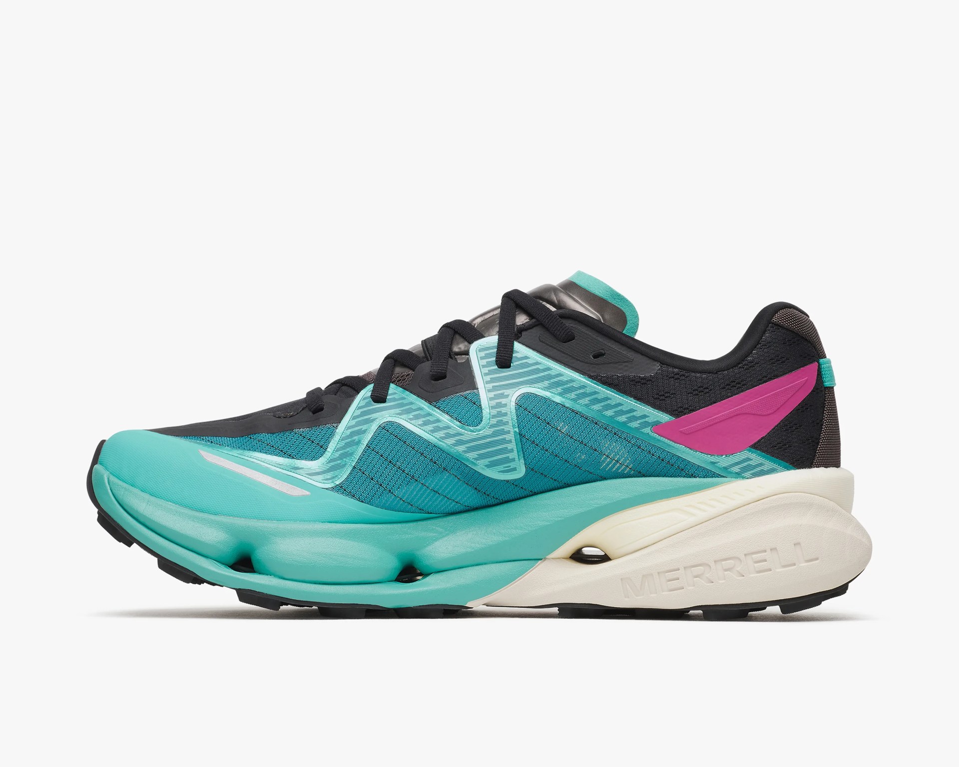 Teal and black athletic shoe with pink accent and white sole embossed with "Merrell.