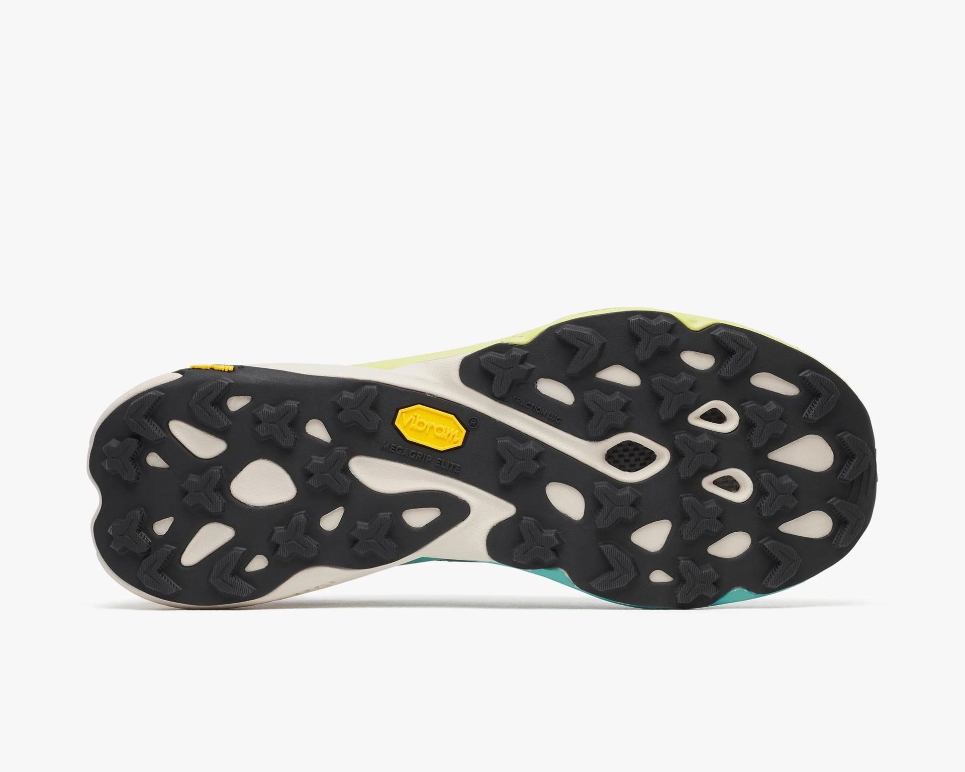 Black Vibram Megagrip Elite outsole with aggressive traction lugs on a trail shoe.
