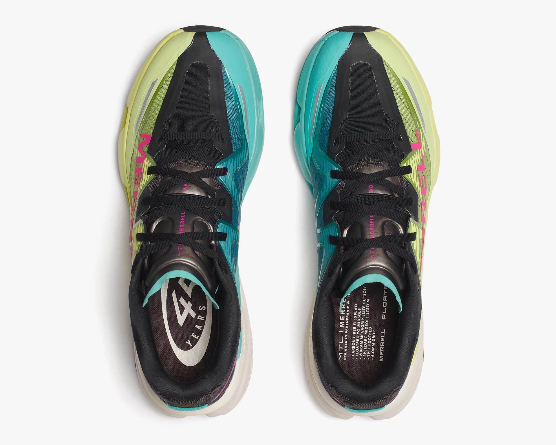 Pair of multicolor running shoes with black laces and cushioned white soles viewed from above.