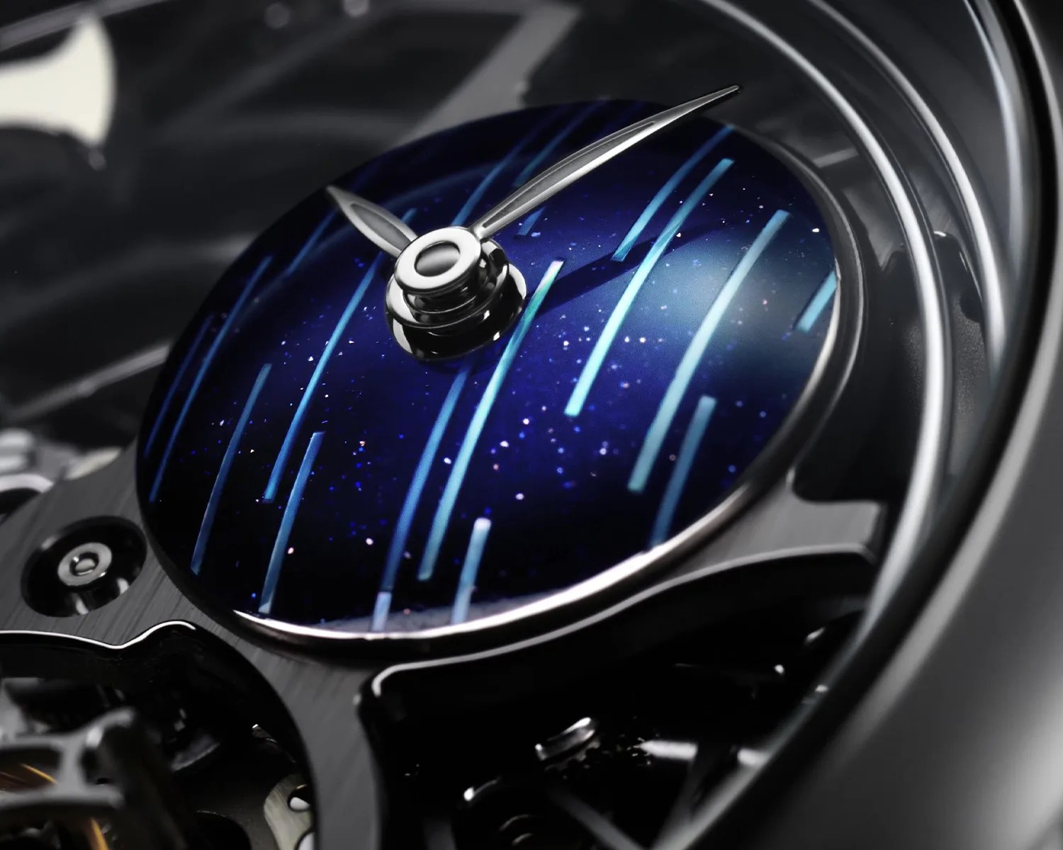 Close-up of a watch dial with a deep blue starry pattern and silver hands on a black mechanical frame.