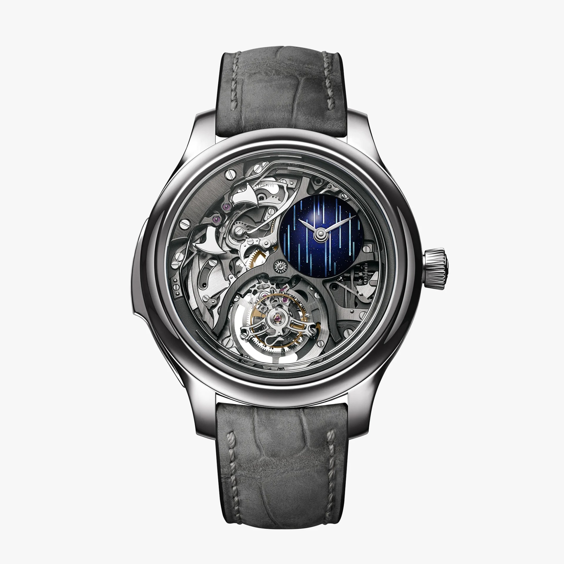 Silver mechanical wristwatch with visible gears and a blue dial with vertical light streaks, paired with a gray leather strap.
