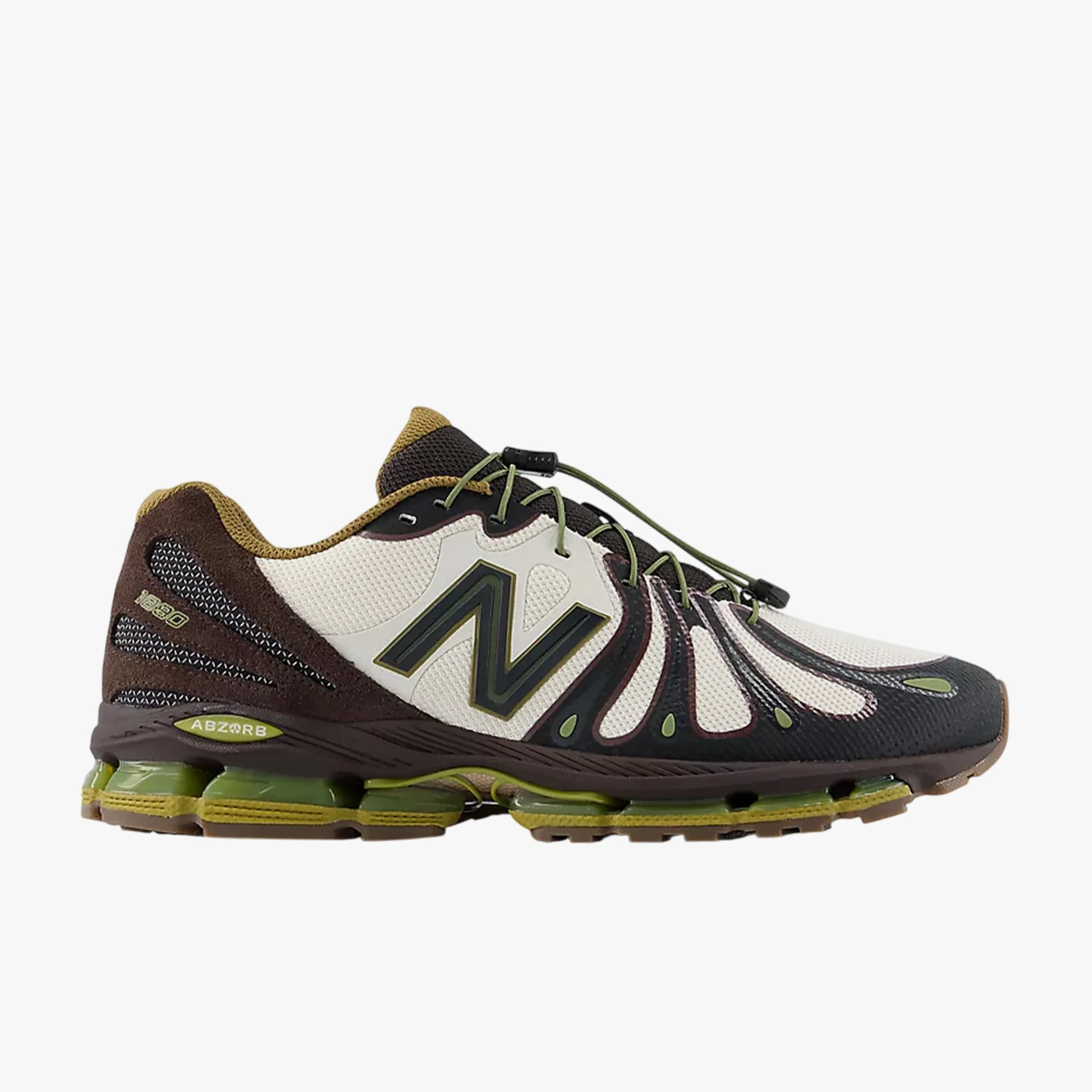 Brown and beige New Balance running shoe with green accents and ABZORB cushioning in the sole.