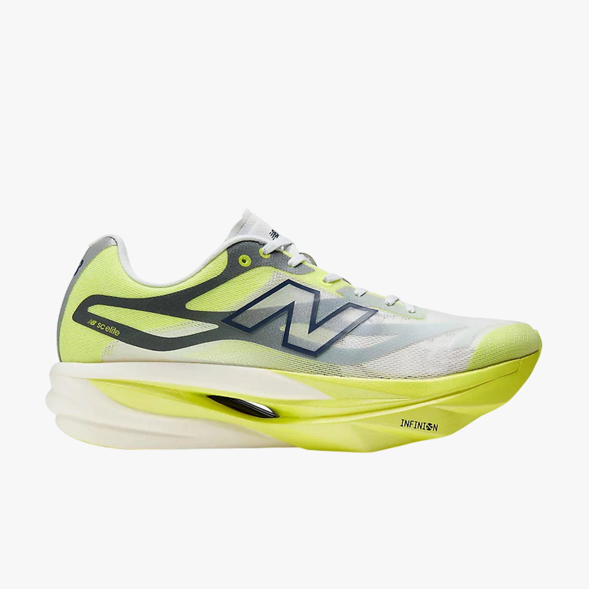 Yellow and gray New Balance running shoe with white laces and thick cushioned sole.