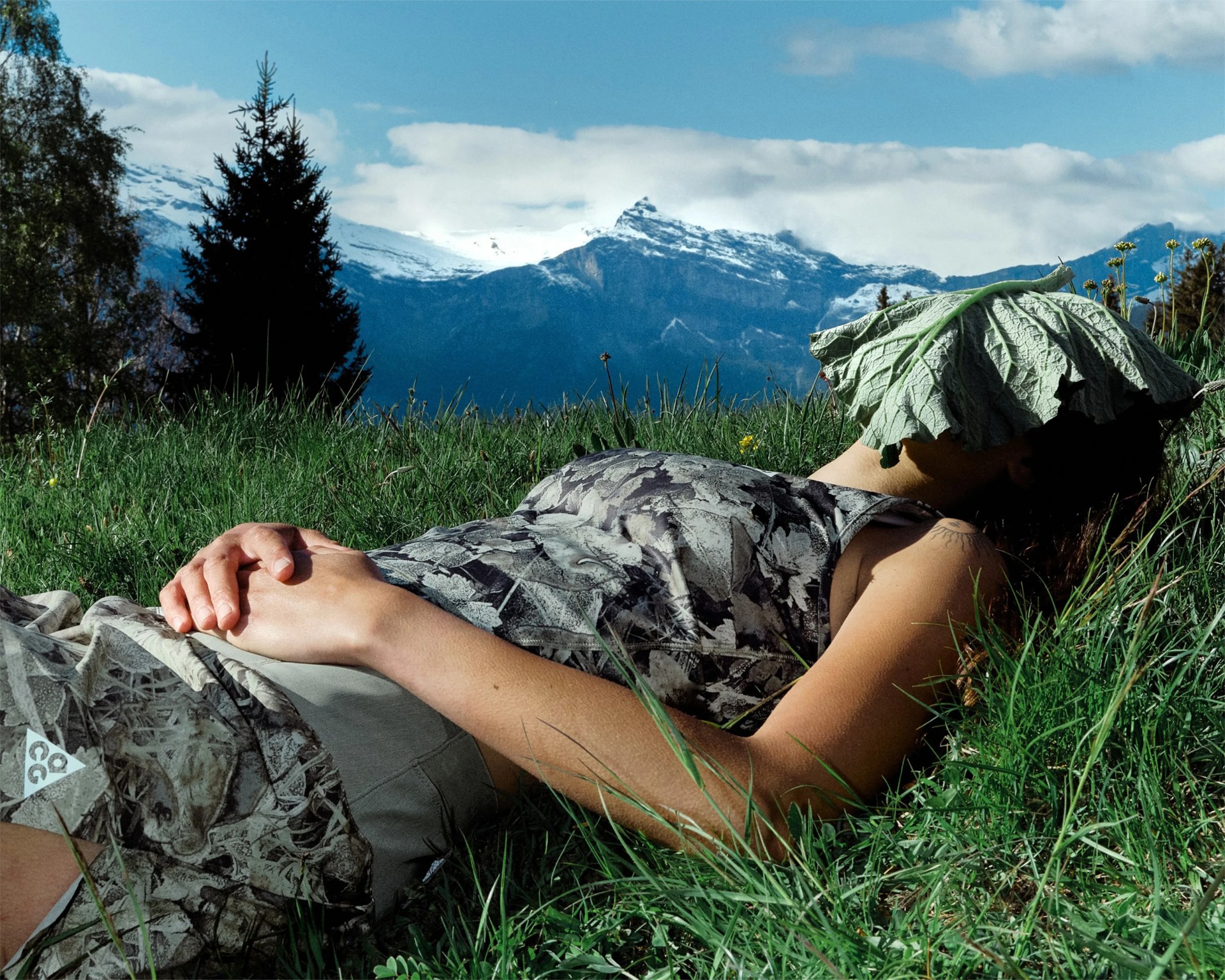 Person lying on grass with a large green leaf covering their face and snow-capped mountains in the background.