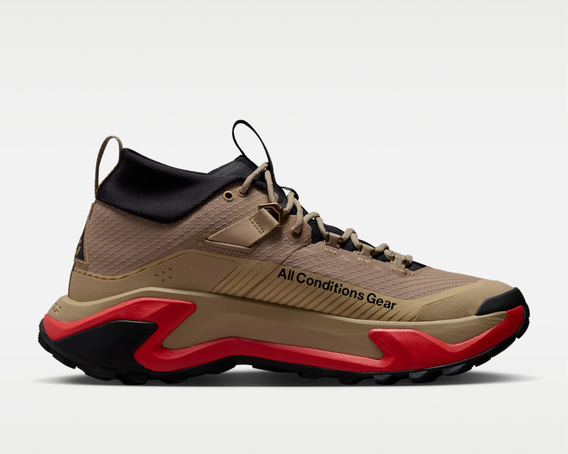Tan and black hiking shoe with red accents and "All Conditions Gear" text on the side.