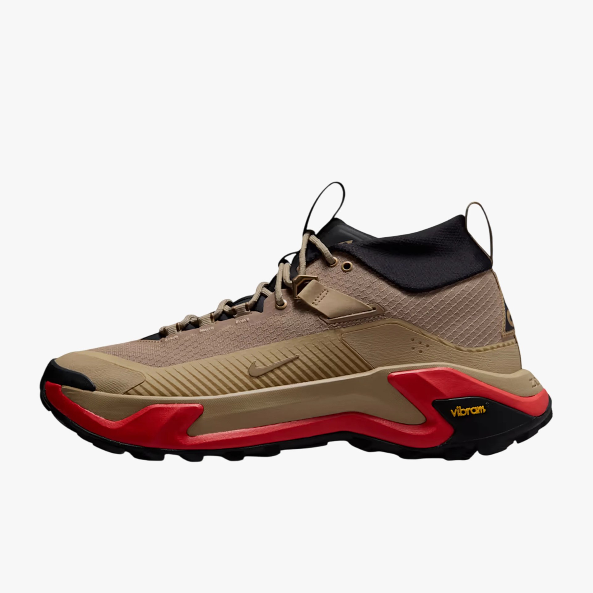 Tan and black high-top sneaker with red and black Vibram sole and beige laces.