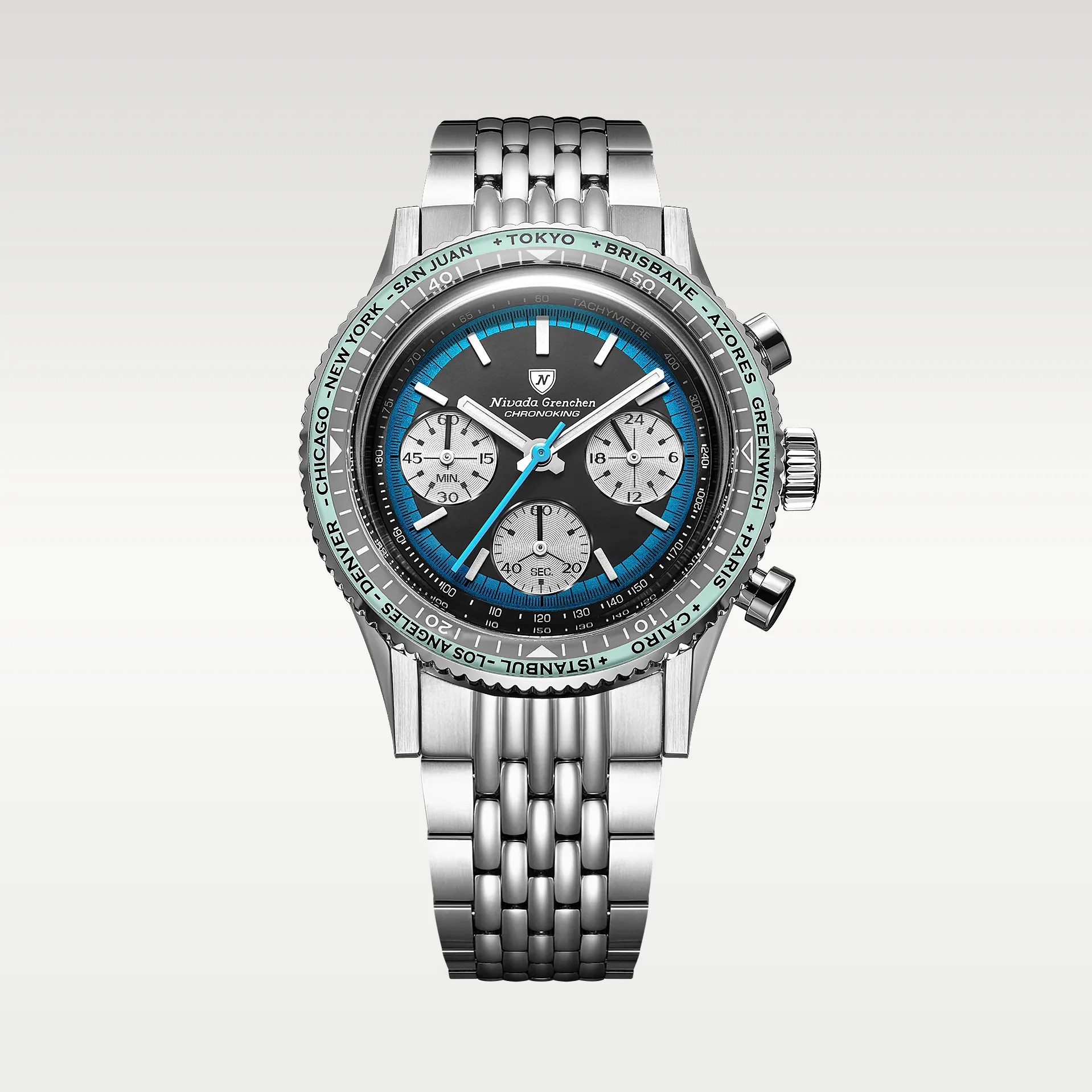 Stainless steel chronograph wristwatch with black dial, blue accents, three subdials, and world cities on bezel.