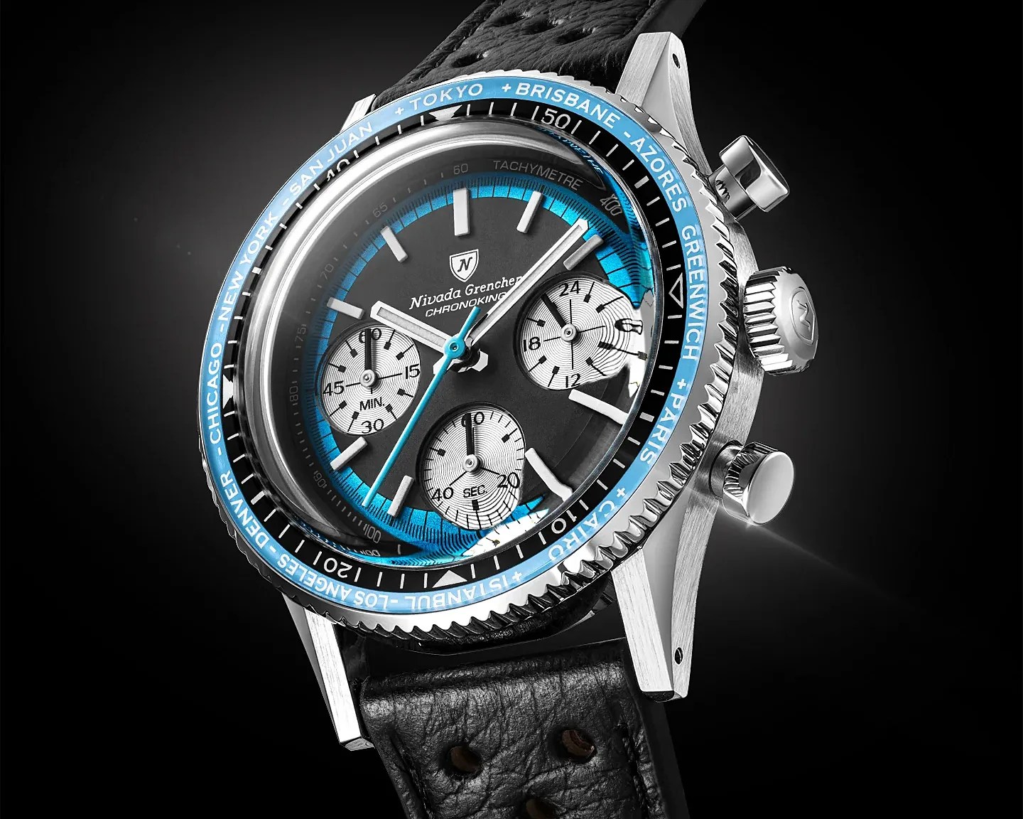 Stainless steel Nivada Grenchen Chronoking watch with black dial, blue accents, three subdials, and black leather strap.