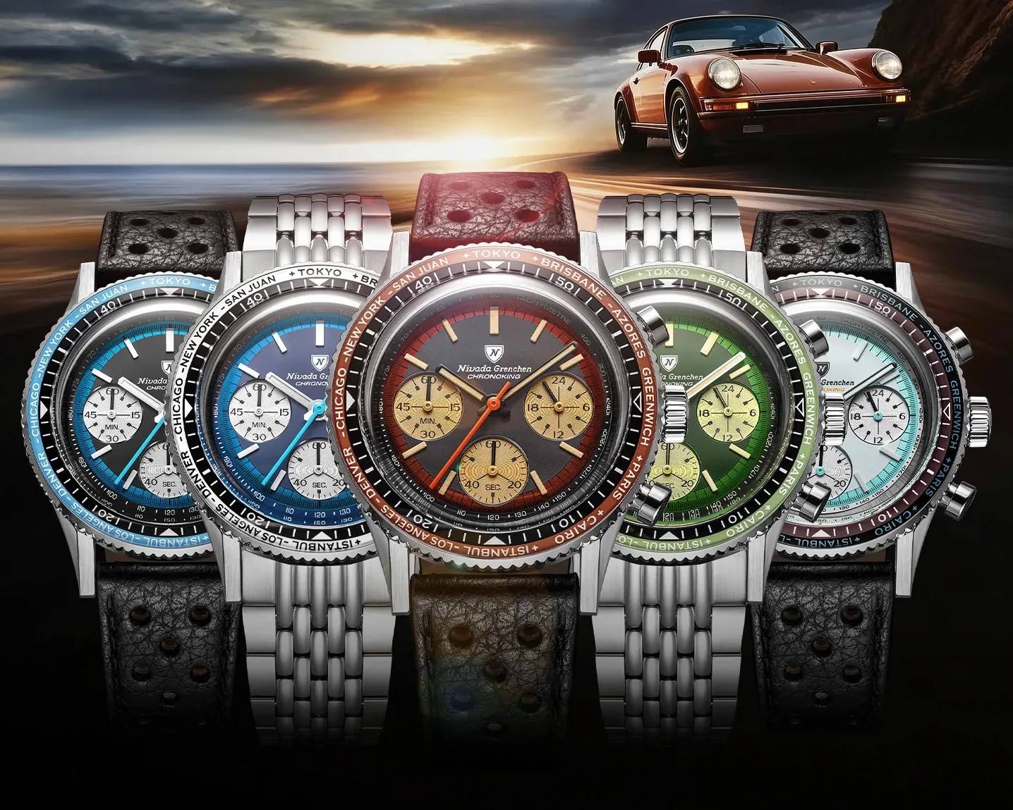 Five Nivada Grenchen Chronoking watches with different dial colors and straps are displayed in front of a vintage orange Porsche car on a coastal road at sunset.