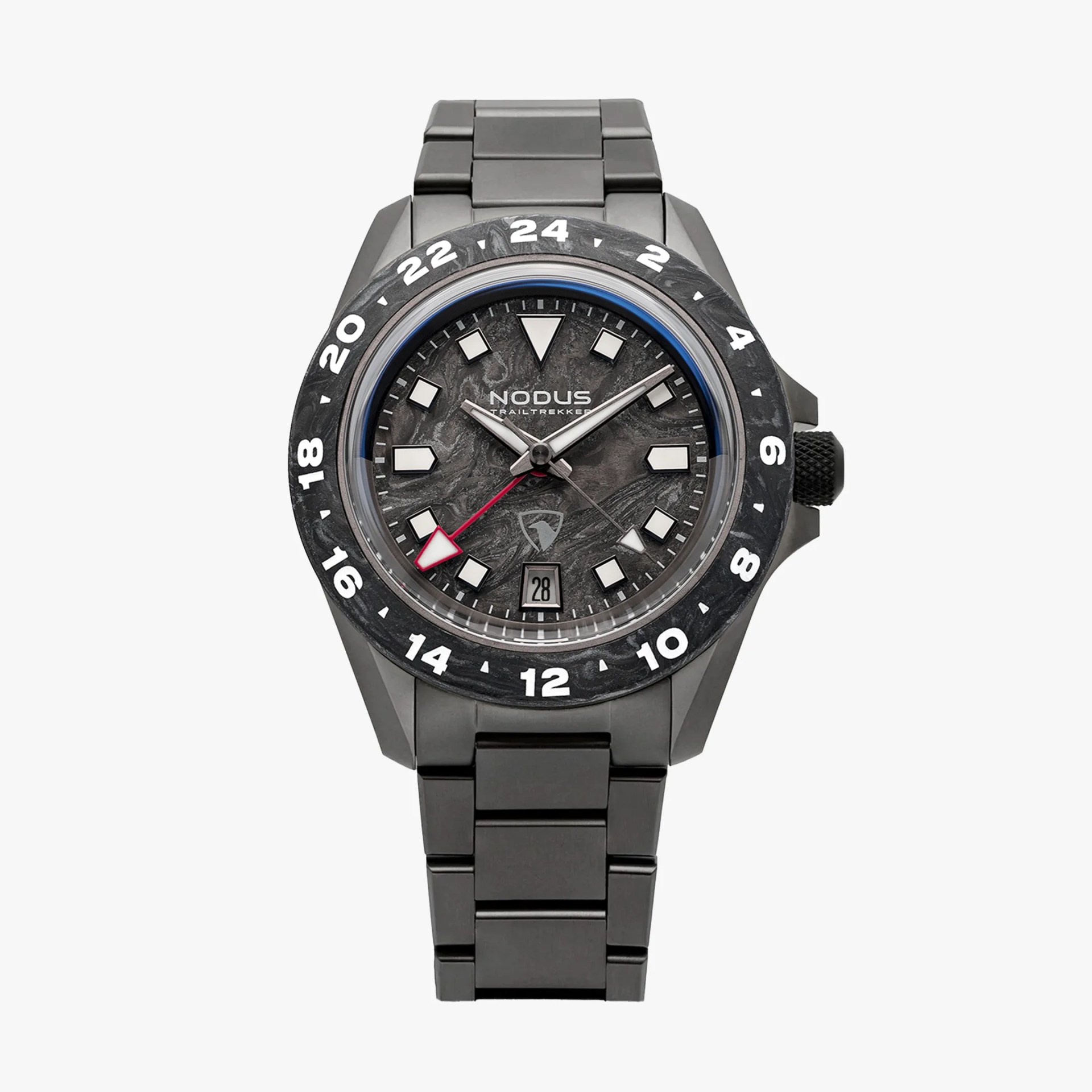 Black and gray Nodus Trailtrekker wristwatch with a textured dial, white hour markers, red GMT hand, and metal bracelet.