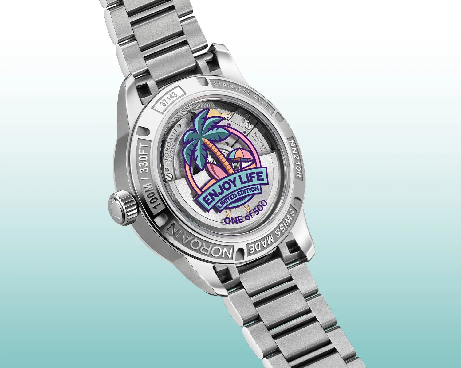 Back of a stainless steel Norqain watch with a transparent case back showing the movement and a colorful "Enjoy Life Limited Edition" logo.