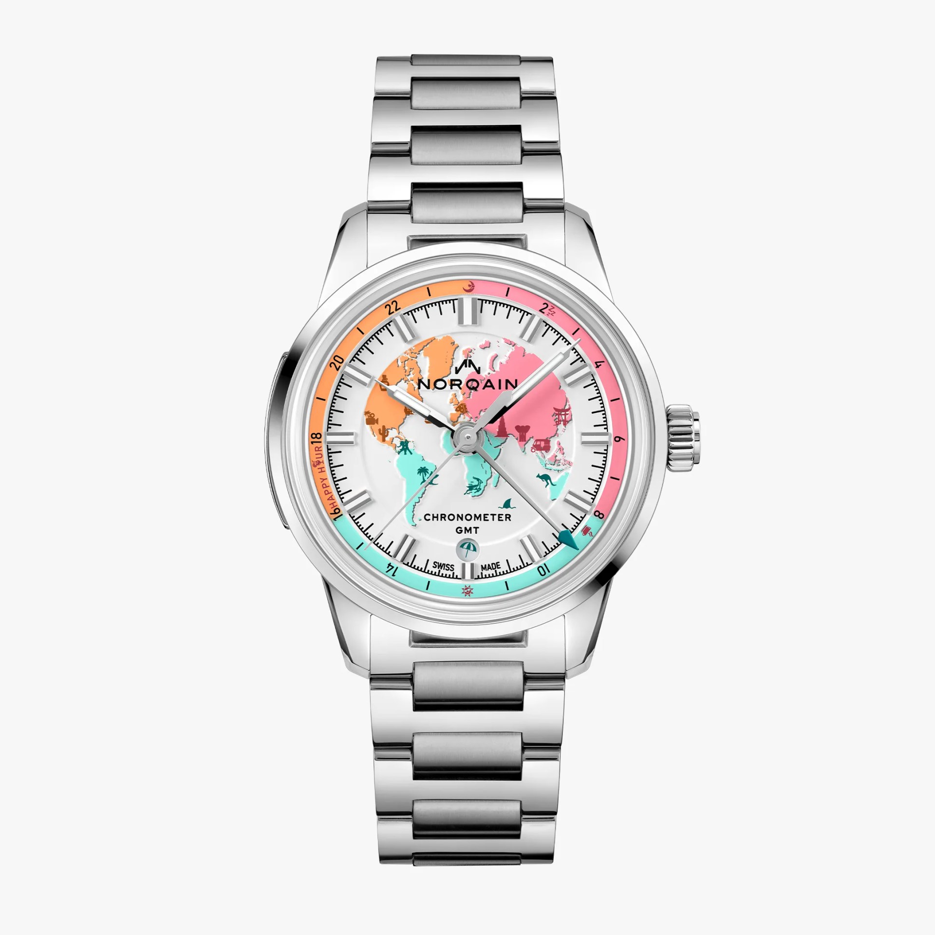Stainless steel Norqain GMT chronometer watch with colorful world map dial and multi-colored 24-hour scale.