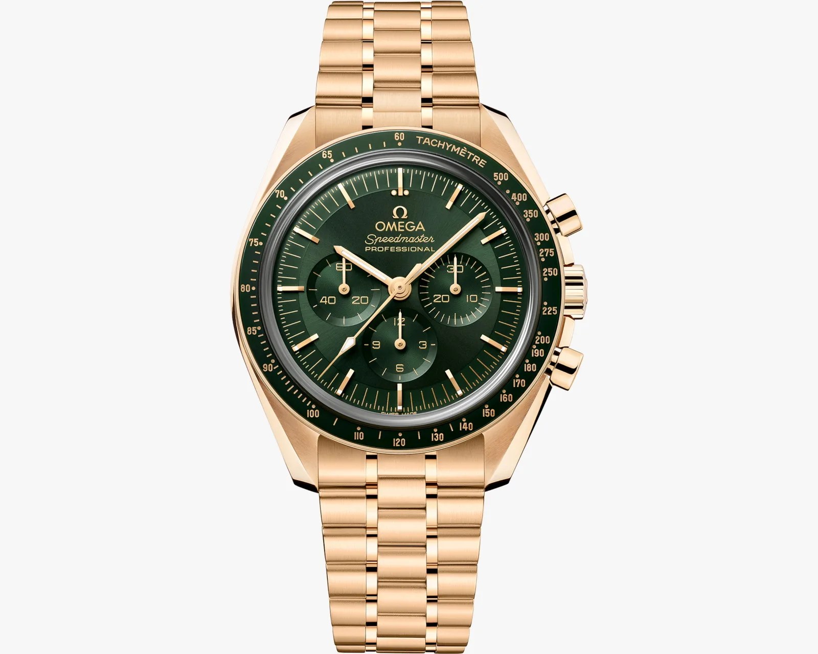 Gold Omega Speedmaster Professional watch with green dial and tachymeter bezel on a gold link bracelet.