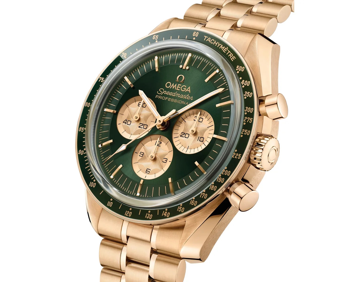 Gold Omega Speedmaster Professional watch with green dial and three gold subdials on a gold bracelet.