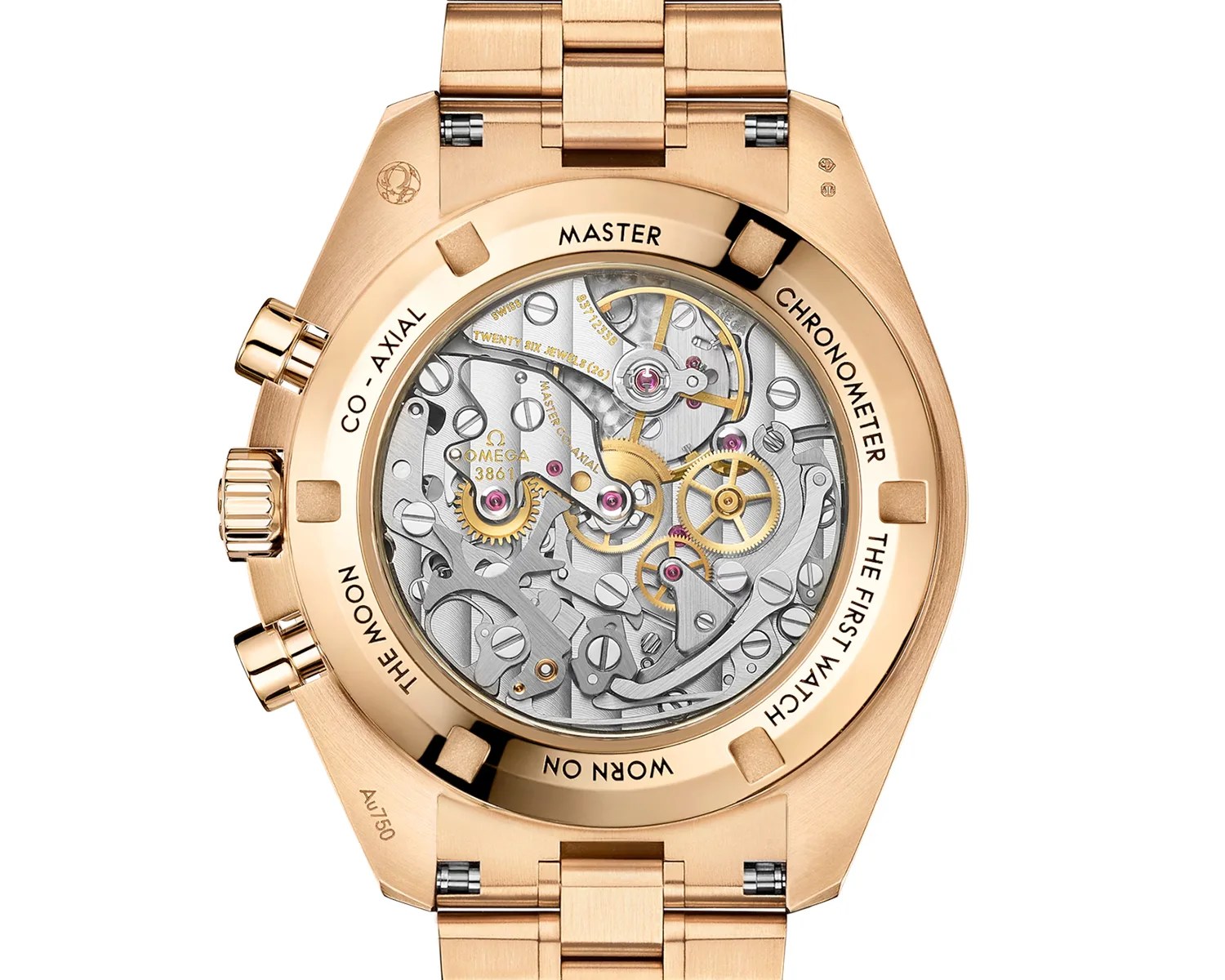 Rose gold watch back showing intricate mechanical movement with visible gears and inscriptions including "Omega 3861" and "Co-Axial Master Chronometer.