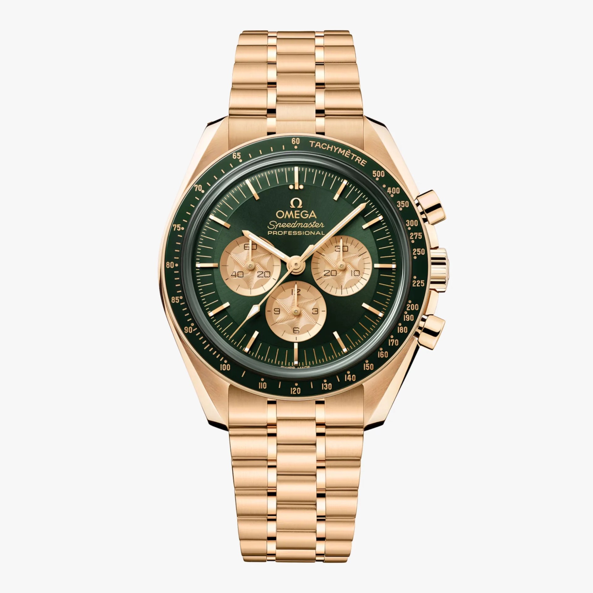 Gold Omega Speedmaster Professional watch with green dial and gold subdials on a gold link bracelet.