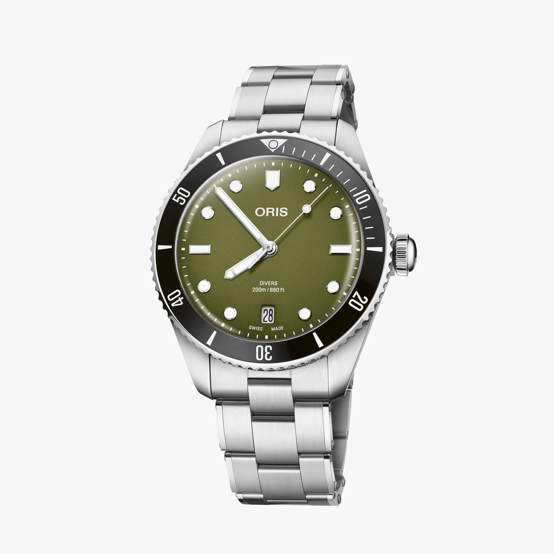 Stainless steel diver's watch with olive green dial, black bezel, and metal bracelet.