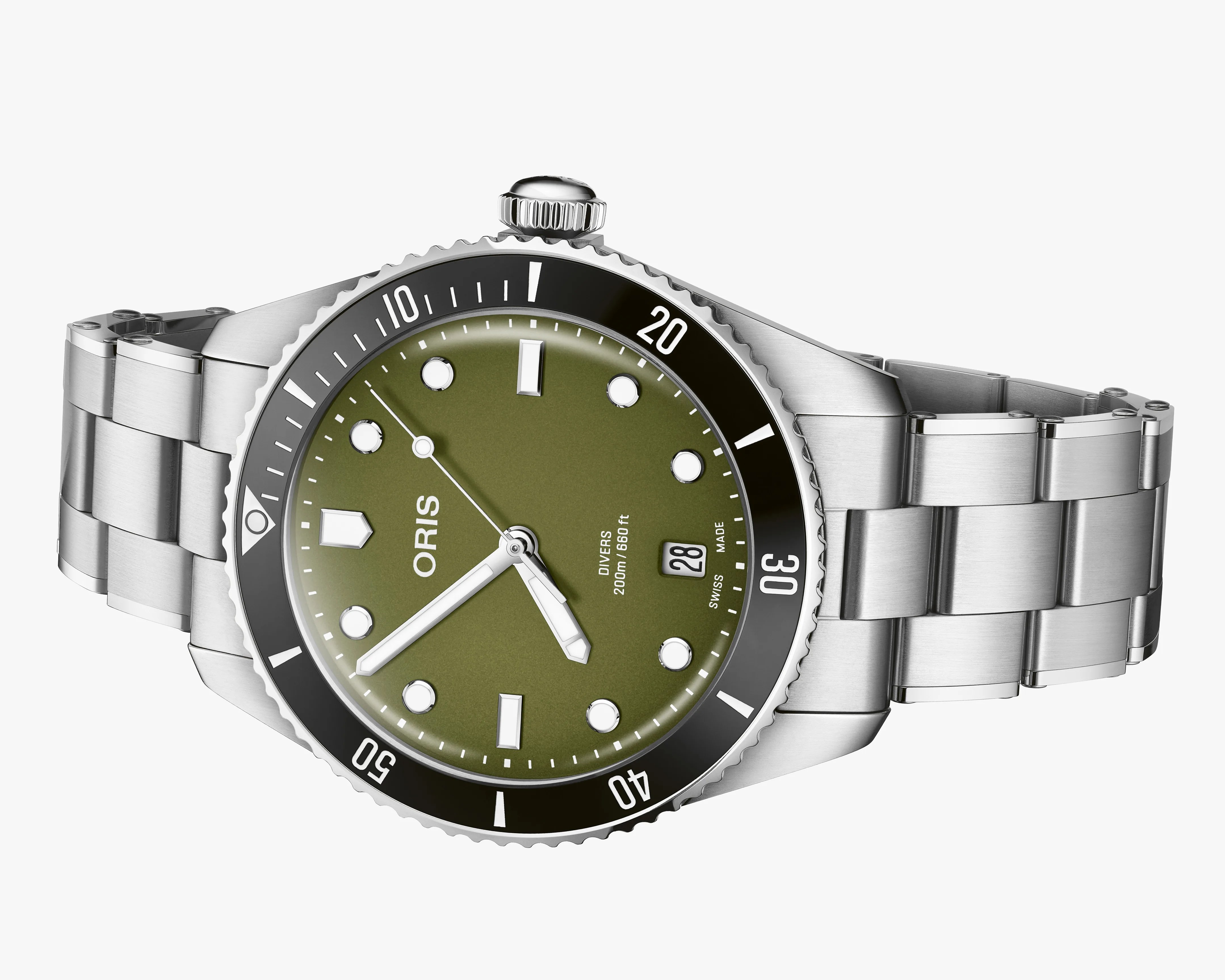 Stainless steel diver's watch with olive green dial, black bezel, and date window at 6 o'clock.