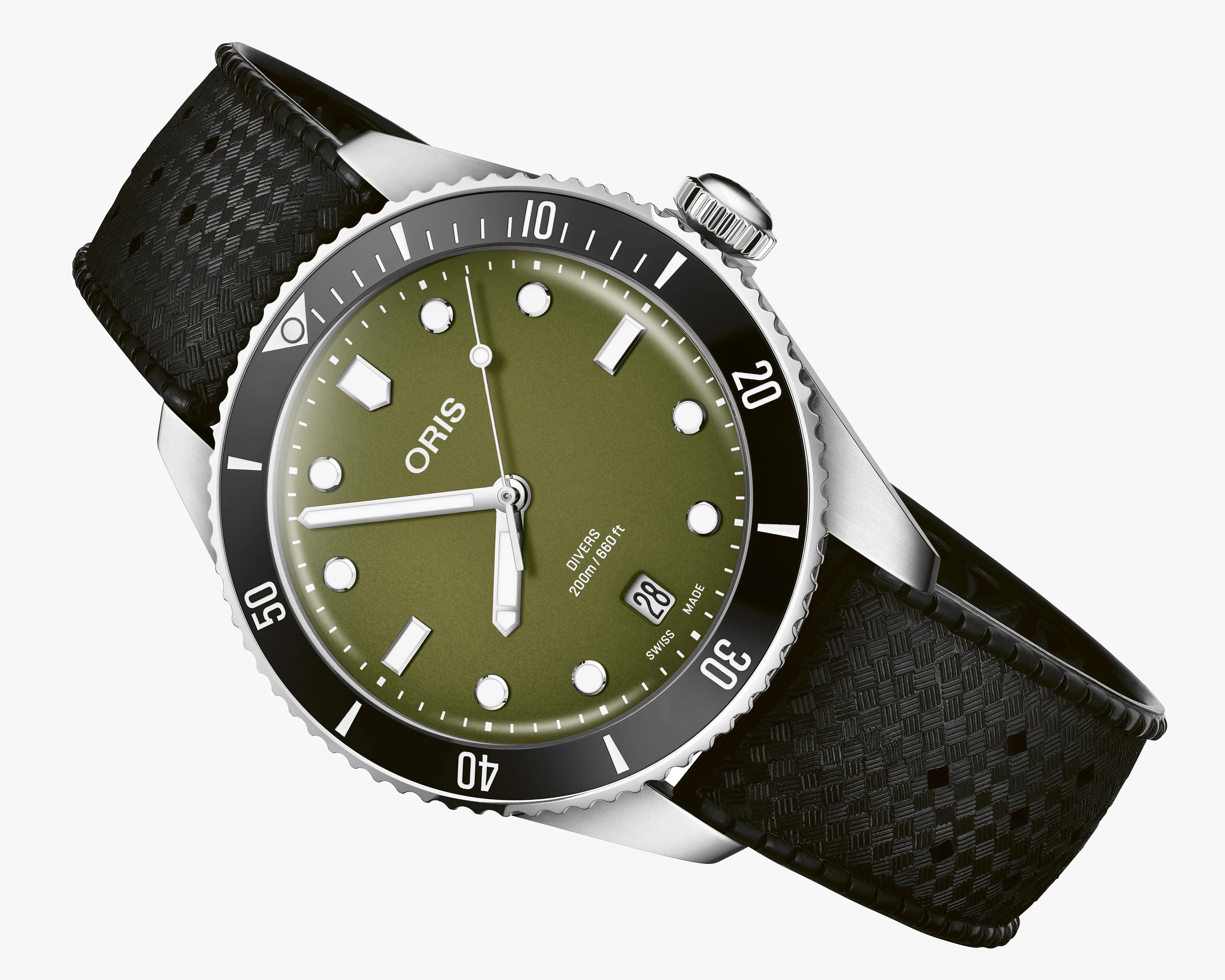 Oris diver watch with olive green dial, black bezel, and textured black strap.