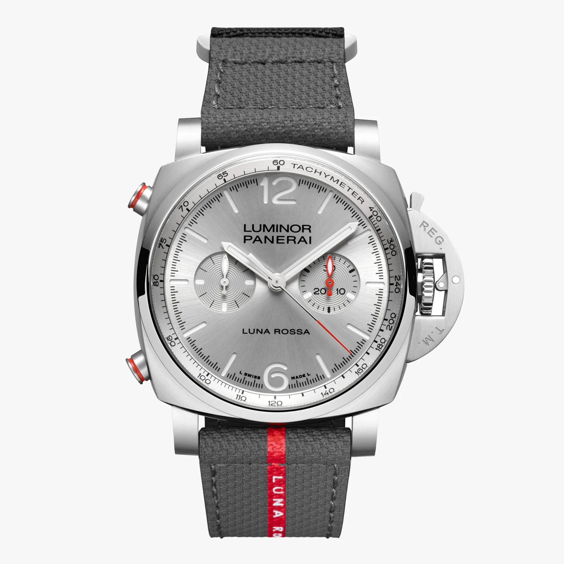 Silver Luminor Panerai Luna Rossa watch with tachymeter scale and gray fabric strap with red stripe.
