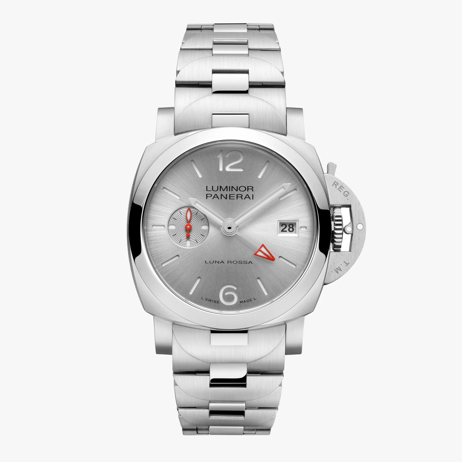 Silver Panerai Luminor Luna Rossa wristwatch with a stainless steel bracelet and red accents on the hands.