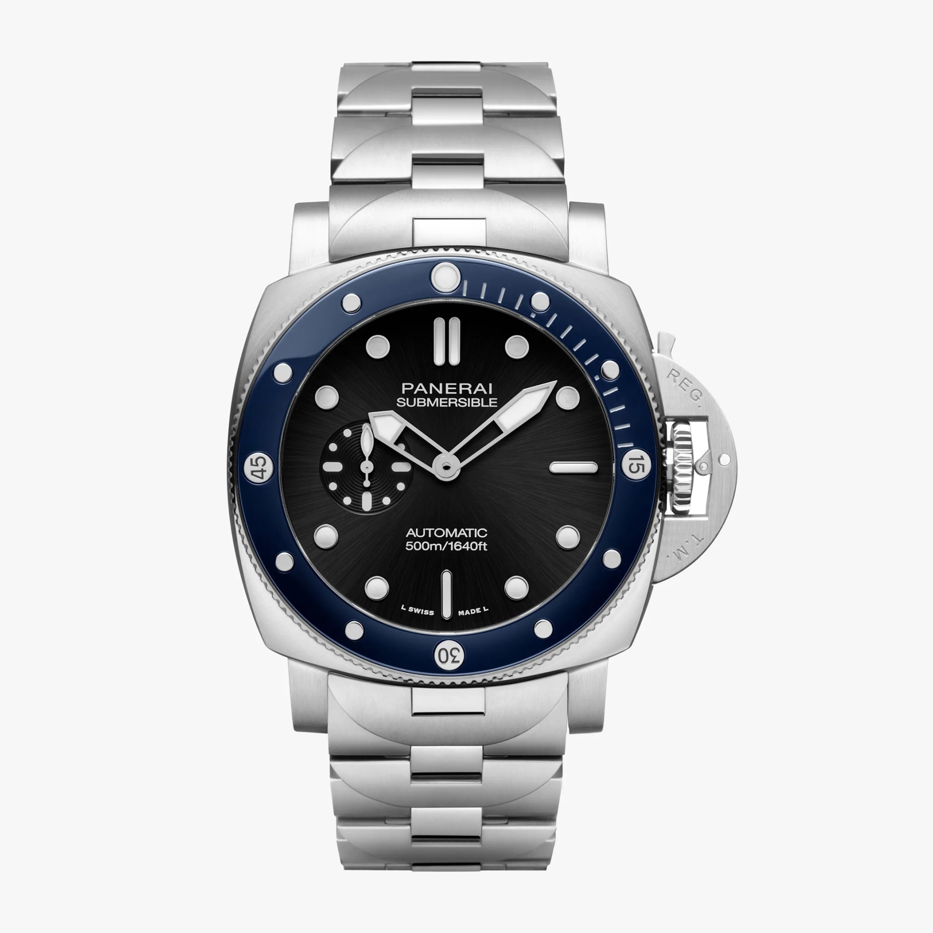 Stainless steel Panerai Submersible watch with black dial, blue bezel, and metal bracelet.