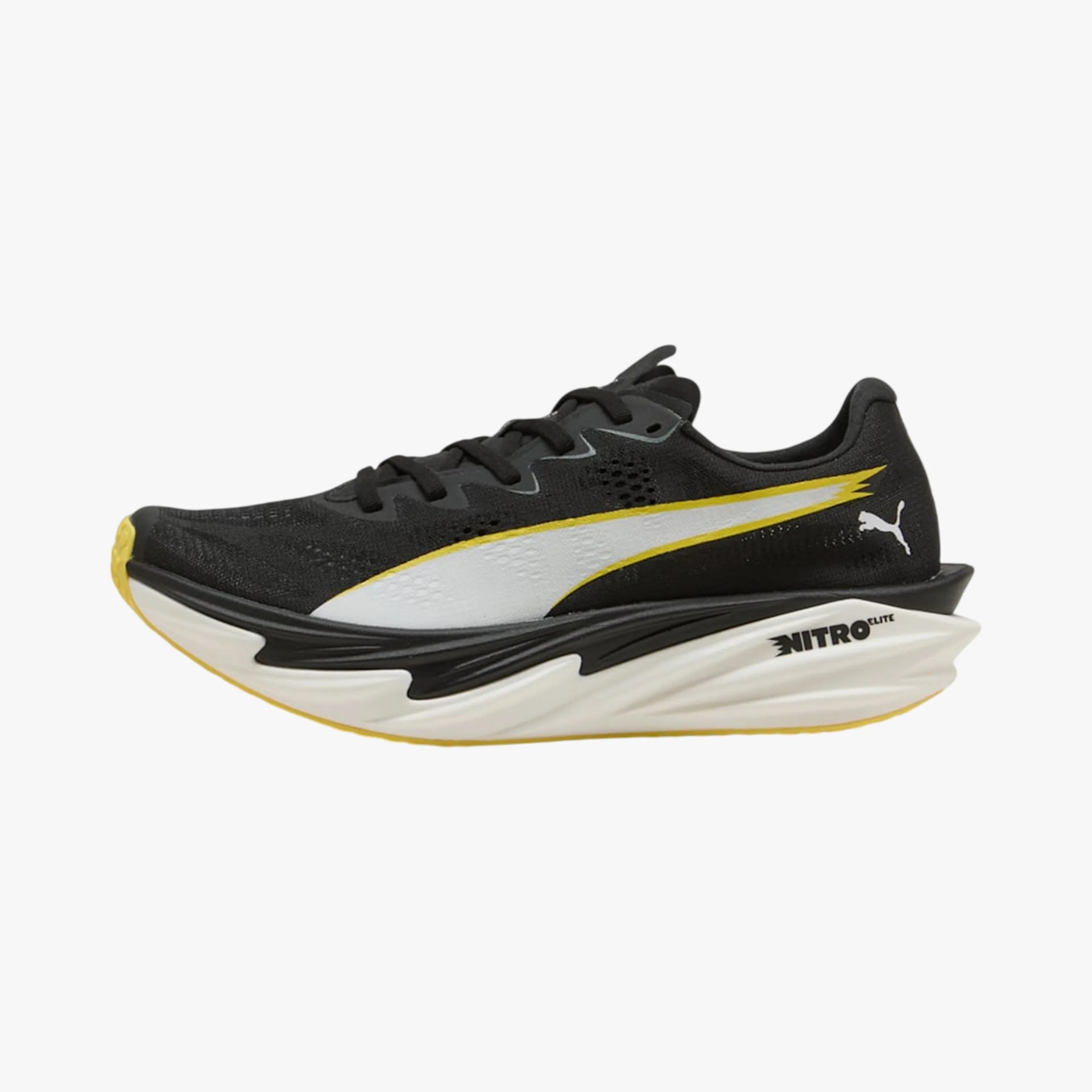 Black and yellow Puma Nitro Elite running shoe with white sole and Puma logo on heel.