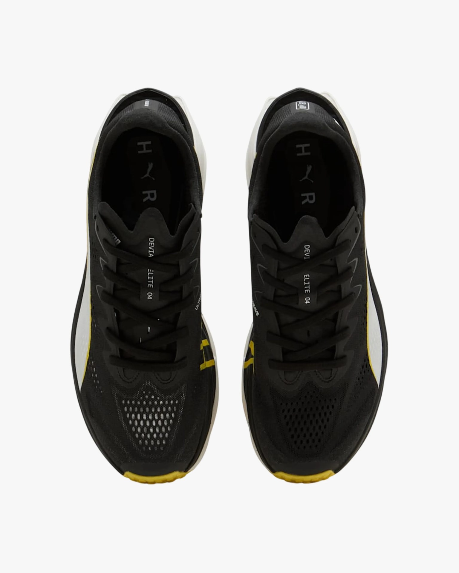 Pair of black and yellow Puma Deviate Elite 04 running shoes viewed from above.