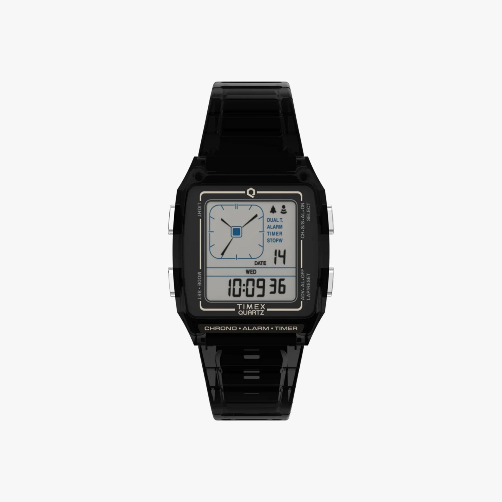 Black Timex Quartz digital watch with rectangular face and black resin strap.