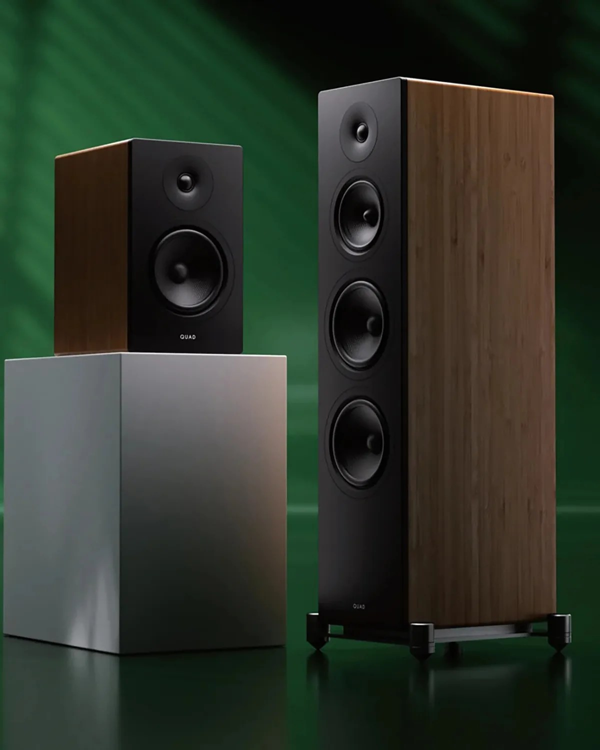 Pair of wooden speakers with black front panels, one large floor-standing and one smaller bookshelf model.