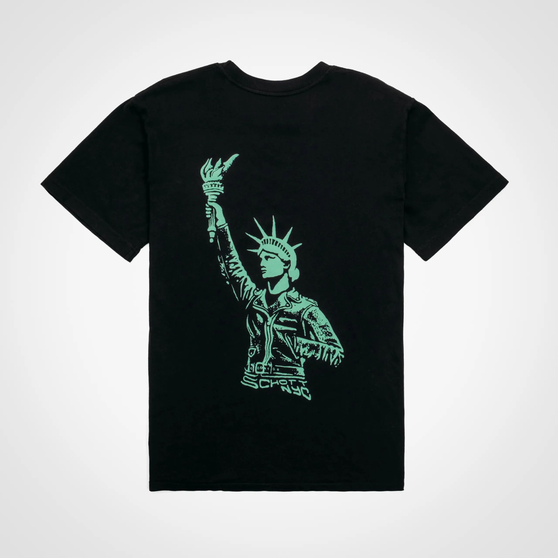 Black T-shirt with a green graphic of the Statue of Liberty wearing a jacket and the text "Schott NYC" below.