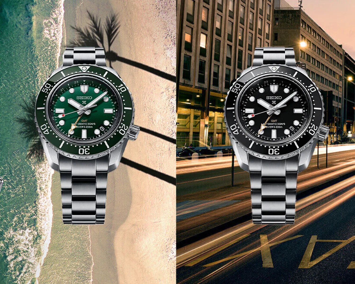 Two Seiko stainless steel diver watches side by side, one with a green dial and bezel over a beach background, the other with a black dial and bezel over a city street at dusk.