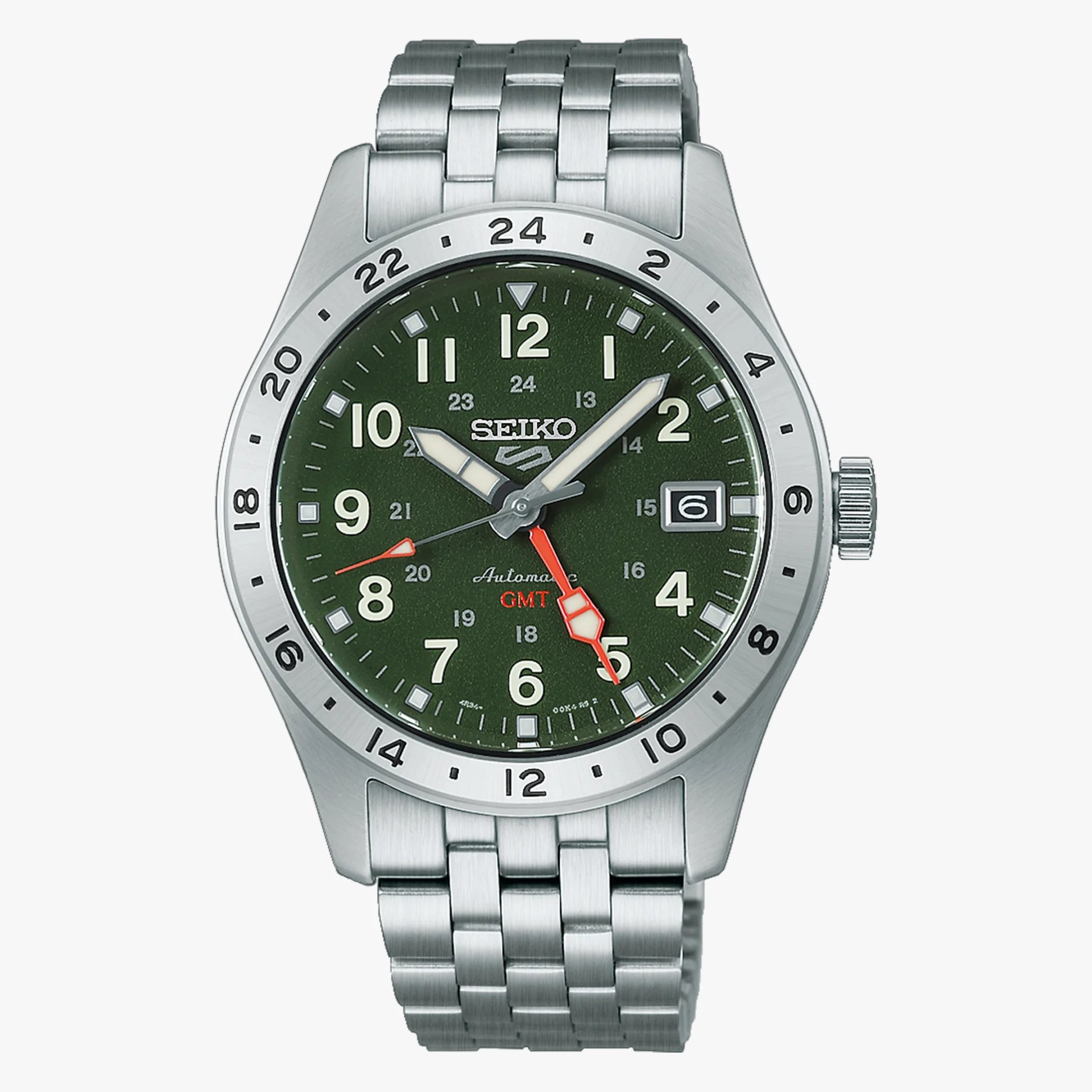 Stainless steel Seiko wristwatch with green dial, white numerals, date window, and orange GMT hand.