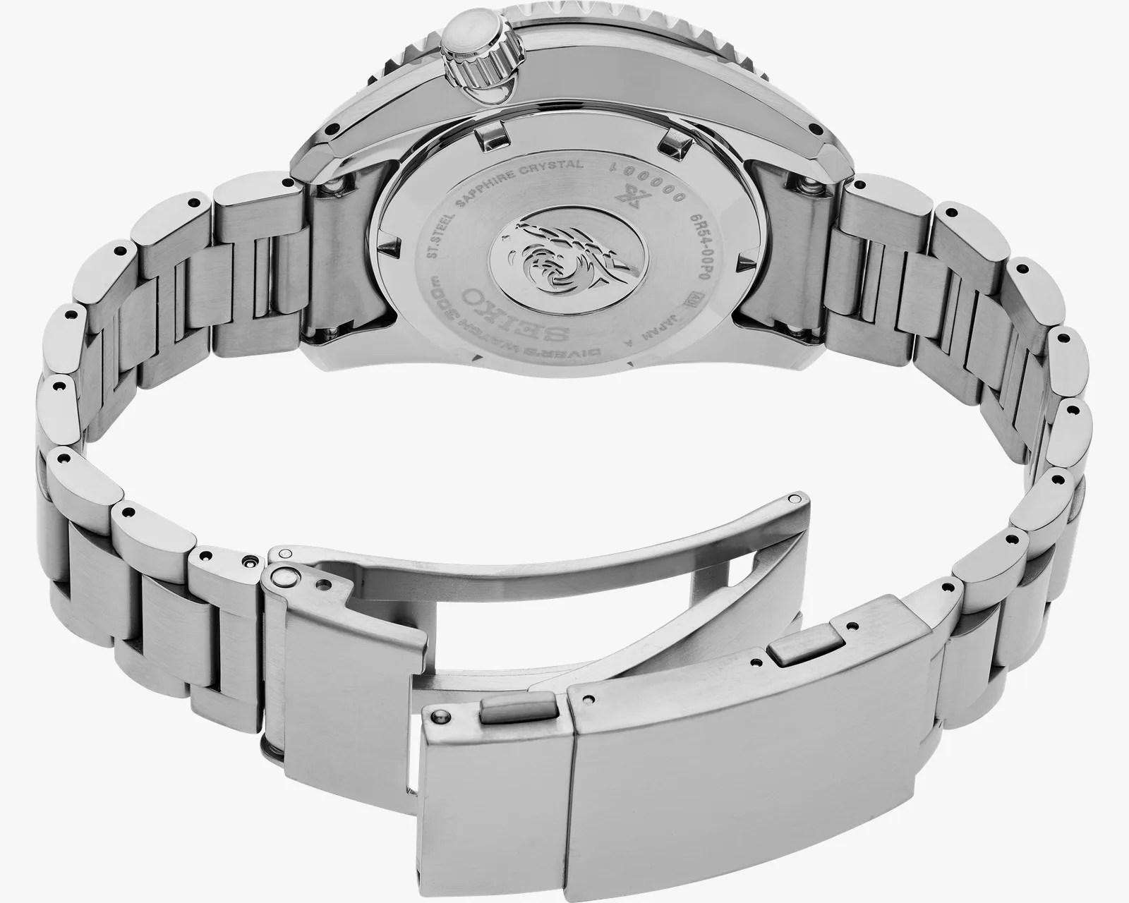 Stainless steel Seiko watch with open clasp showing engraved case back and metal bracelet.