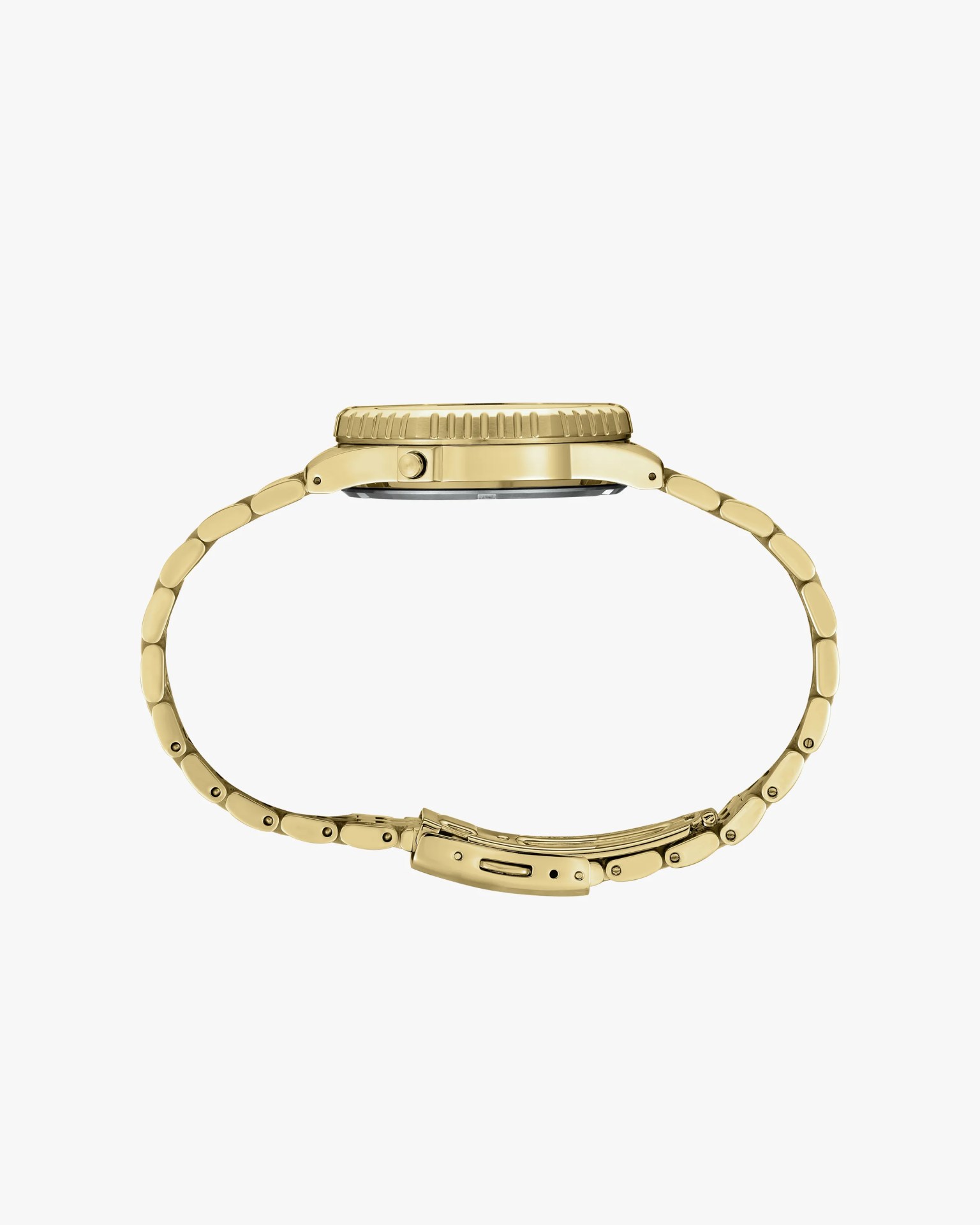 Gold metal watch with a ridged bezel and linked bracelet shown from the side.