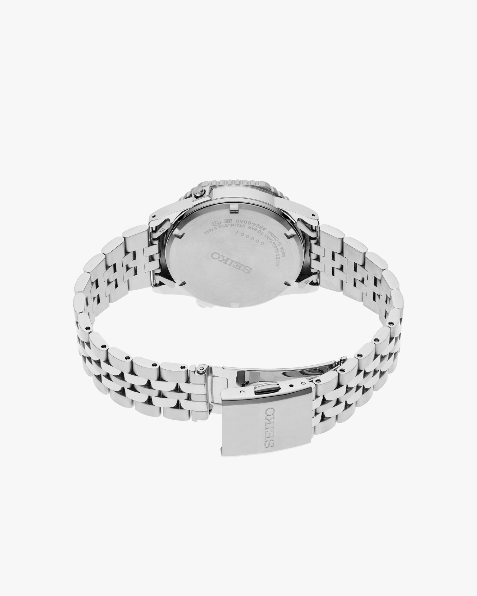 Silver stainless steel Seiko watch with a linked bracelet and clasp, shown from the back.