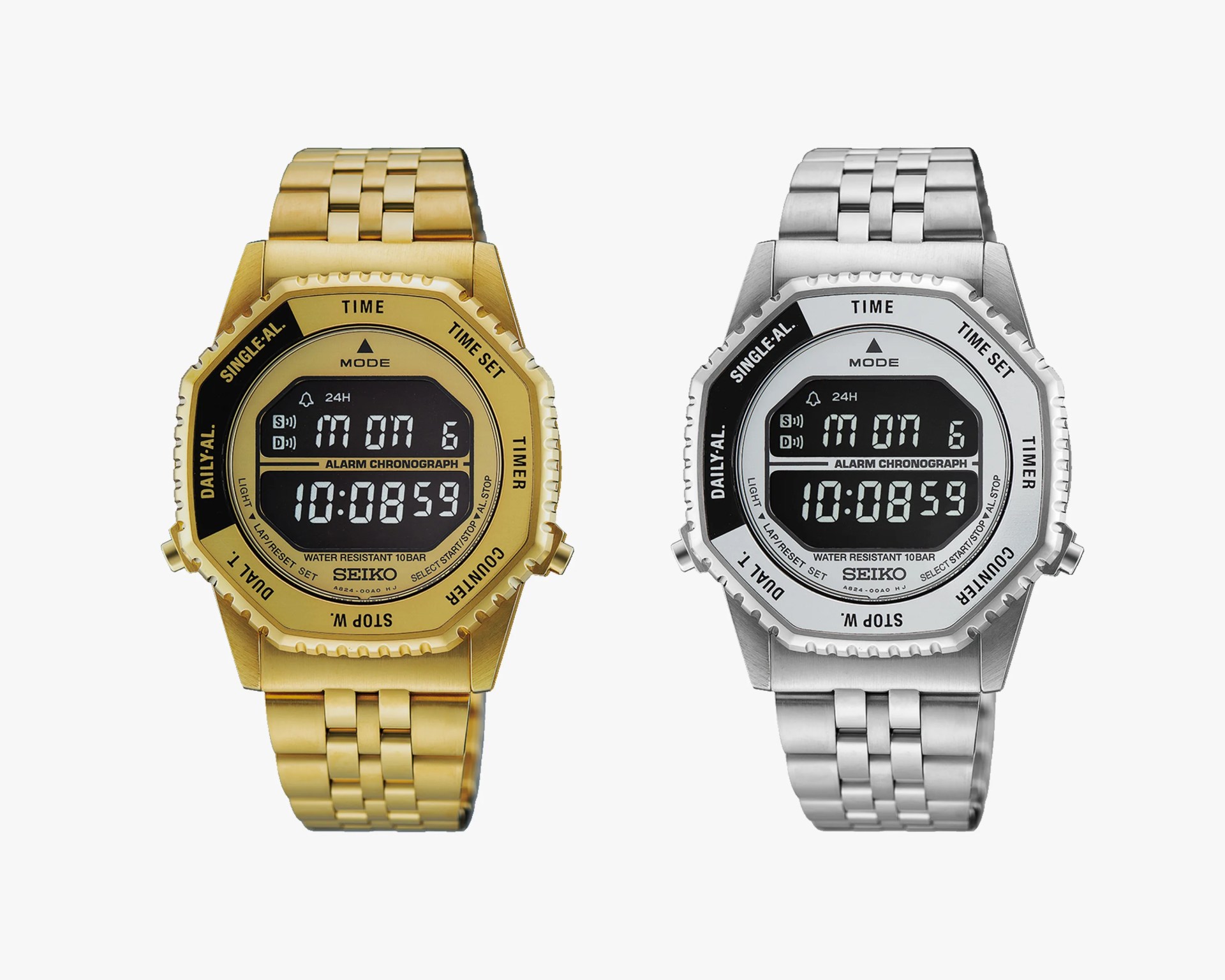 Two Seiko digital wristwatches side by side, one gold-tone and one silver-tone, both with metal link bands and octagonal bezels.