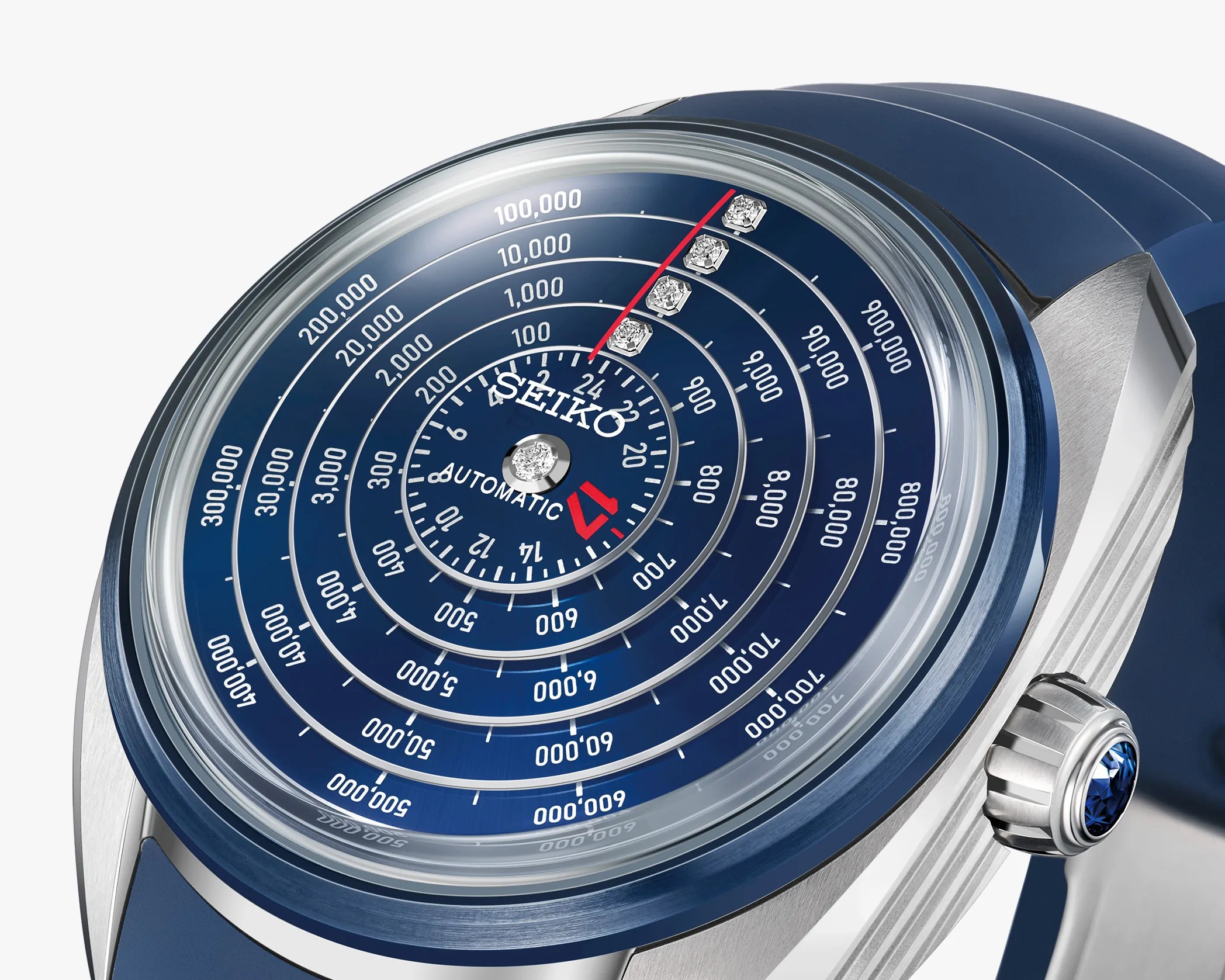 Blue Seiko automatic watch with concentric circular scales and diamond markers on the dial.