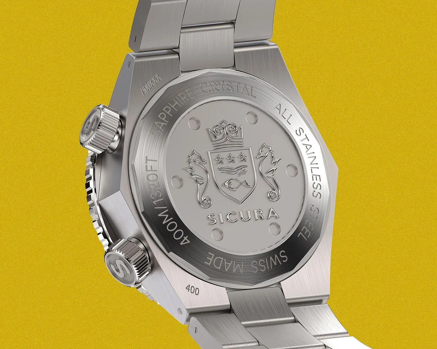 Brushed stainless steel Sicura watch back with engraved seahorses, crown, and fish emblem on a yellow background.