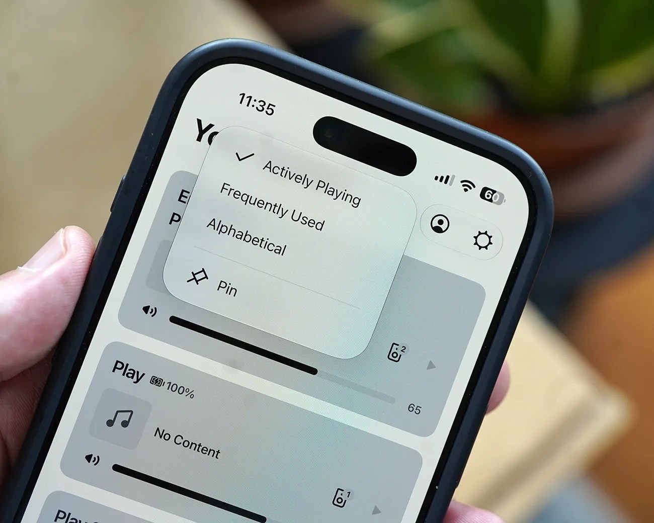 Smartphone screen showing a music app with a sorting menu open, options include Actively Playing, Frequently Used, Alphabetical, and Pin.