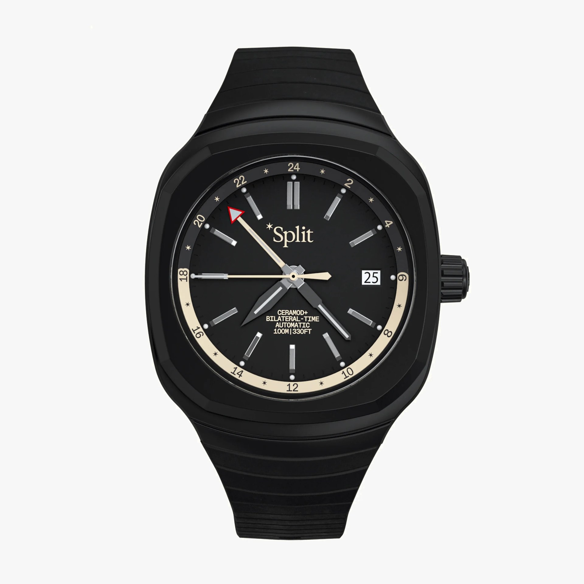Black wristwatch with a round black dial, beige 24-hour markers, date window, and black rubber strap.