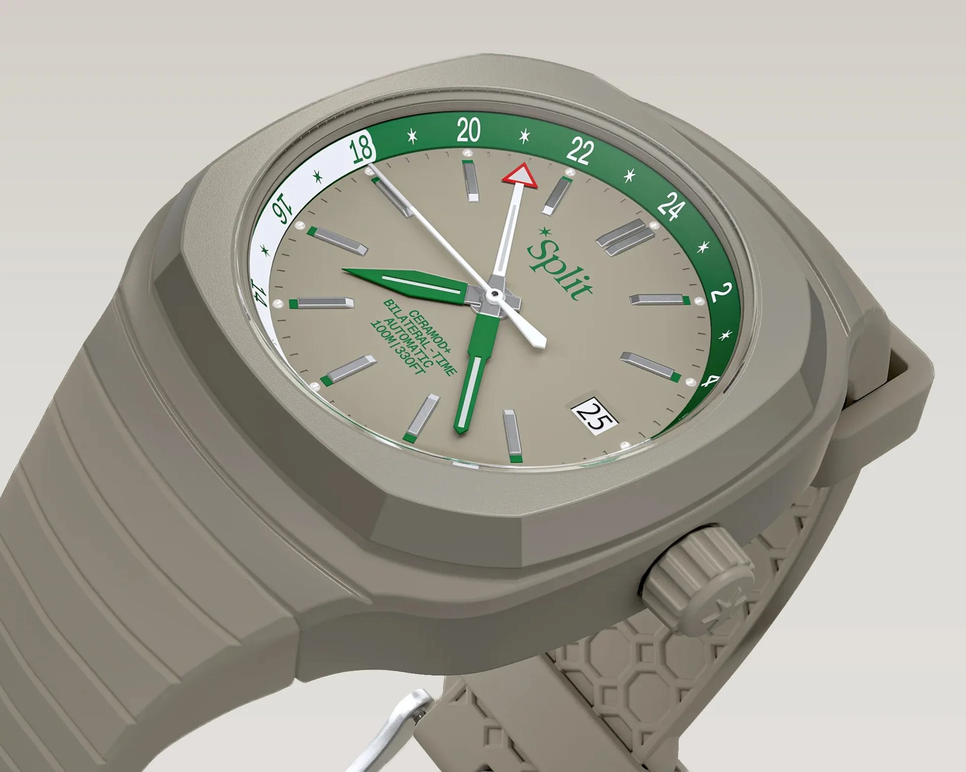 Beige ceramic wristwatch with green and silver hands, green 24-hour bezel, and date window on a textured strap.