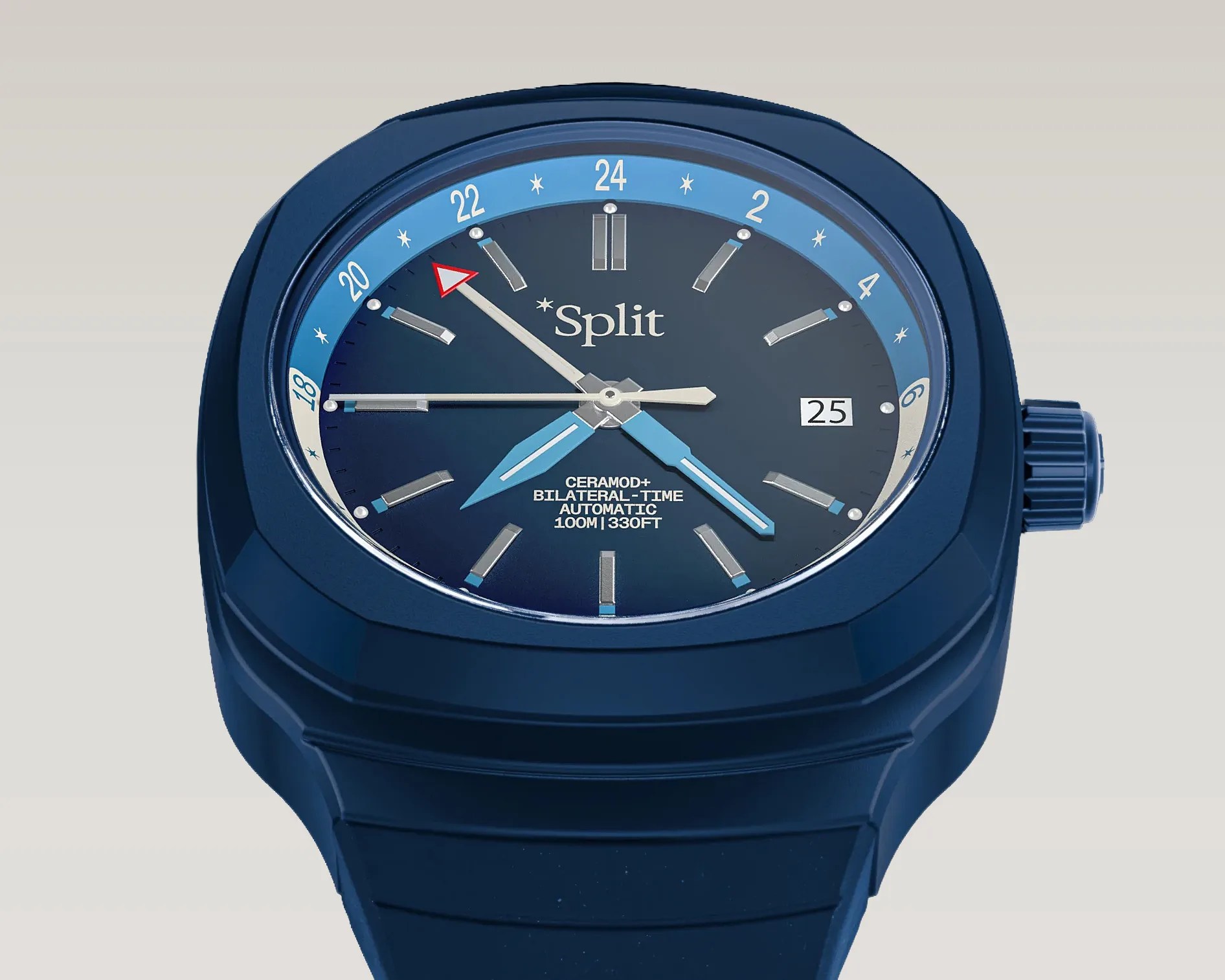 Blue ceramic watch with a blue dial, light blue hour and minute hands, red-tipped 24-hour hand, and date window at 3 o'clock.