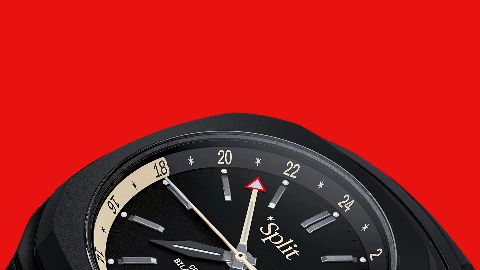 Close-up of a black analog watch face with silver hour markers and a red-tipped second hand against a red background.
