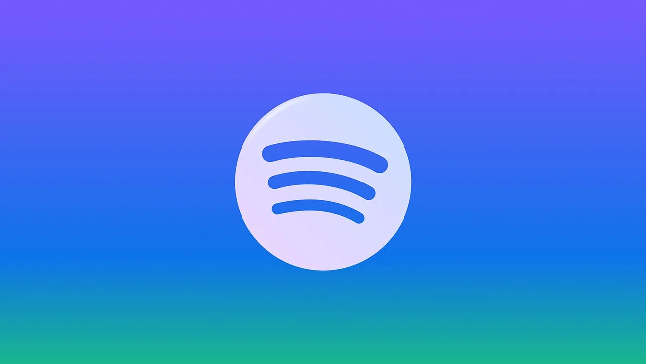 White Spotify logo with three curved lines inside a circle on a blue to purple gradient background.